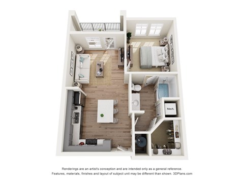 A 3D floor plan of a small apartment with a kitchen, living room, and bathroom.